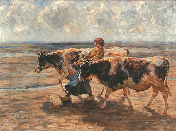 Magd, Zwei Ochsen Fuhrend Oil Painting by August Kaufhold