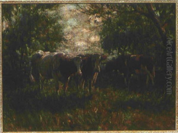 Drei Kuhe Am Gatter Oil Painting by August Kaufhold