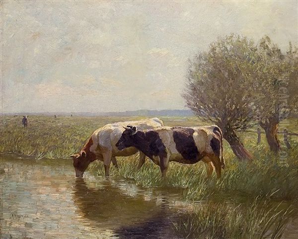 Cows At A Creek Oil Painting by August Kaufhold
