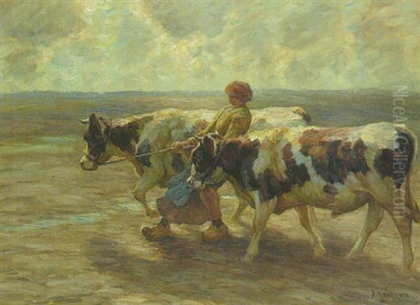 Hollandische Magd Mit Zwei Ochsen Vor Weiter Landschaft Oil Painting by August Kaufhold