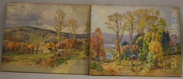 Elm Trees, Autumn (+ Hillside Vista; 2 Works) Oil Painting by William Jurian Kaula