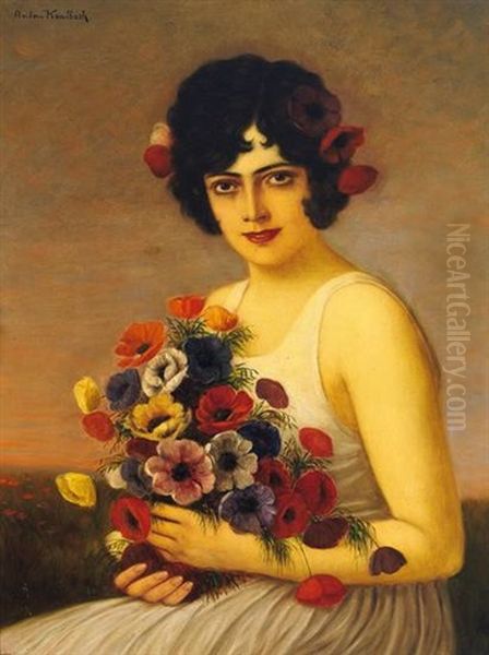 Junge Frau Mit Mohnblutenstraus Oil Painting by Anton Kaulbach