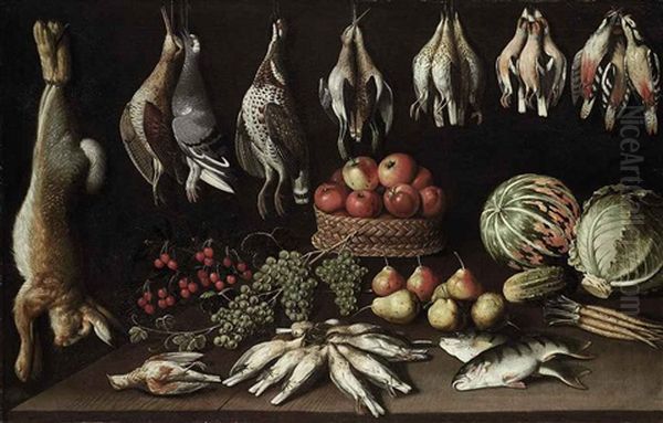 Apples In A Wicker Basket, With Pears, Grapes, Cherries, A Gherkin, Lettuce, Melon, Dead Birds And Fish On A Wooden Table, With A Rabbit, Woodcocks... Oil Painting by Albrecht Kauw the Elder