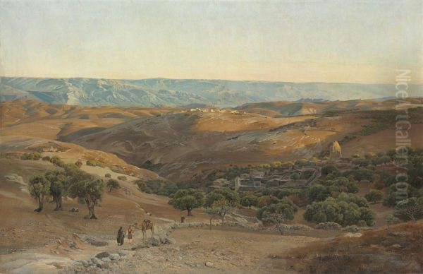 The Mountains Of Maob Seen From Bethany Oil Painting by Gustave Bauernfeind