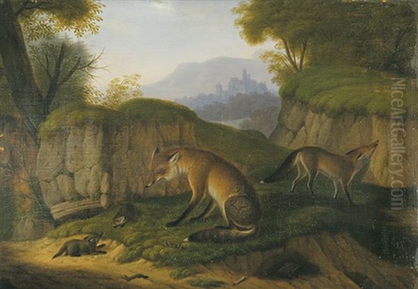 Fuchspaar Mit Drei Jungfuchsen Oil Painting by Christian Wilhelm Karl Kehrer