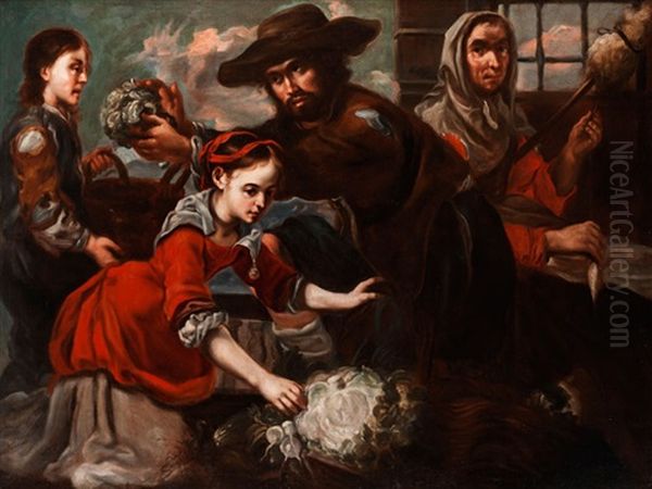 Marktszene Mit Junger Kohlverkauferin Und Einer Alten Spinnerin Oil Painting by Bernhard Keil, Monsu Bernardo