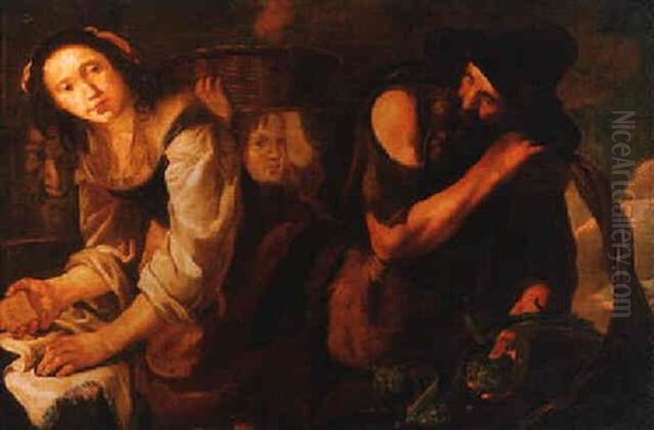 A Washerwoman And Her Family At Market Oil Painting by Bernhard Keil