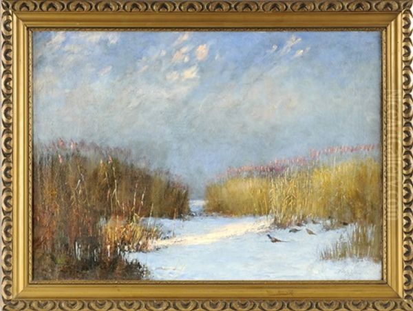 Verschneite Schilfgraslandschaft Mit Fasanen Oil Painting by Gusztav Frigyes Keleti