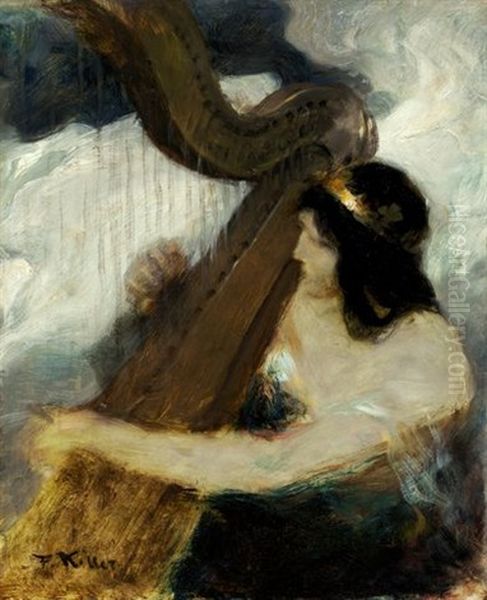 Harfespielerin (+ Man With Wine Glass At A Table, White Chalk, Verso) Oil Painting by Ferdinand Keller