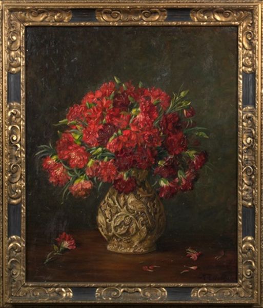 Still Life With Red Peonies In An Elaborately Carved Wood Vase Oil Painting by Marie Keller-Hermann
