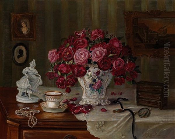 Stillleben Mit Grosem Rosenstraus Oil Painting by Marie Keller-Hermann