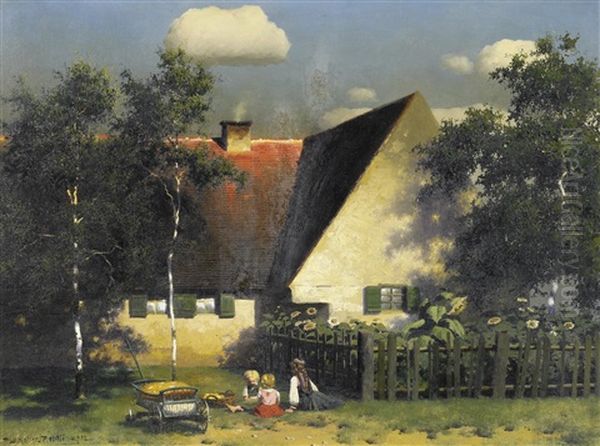 Spielende Kinder Im Garten Oil Painting by Paul Wilhelm Keller-Reutlingen