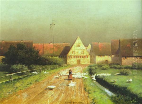 Ein Junges Madchen Hutet Ihre Ganseschar Auf Einer Breiten Dorfstrase Oil Painting by Paul Wilhelm Keller-Reutlingen