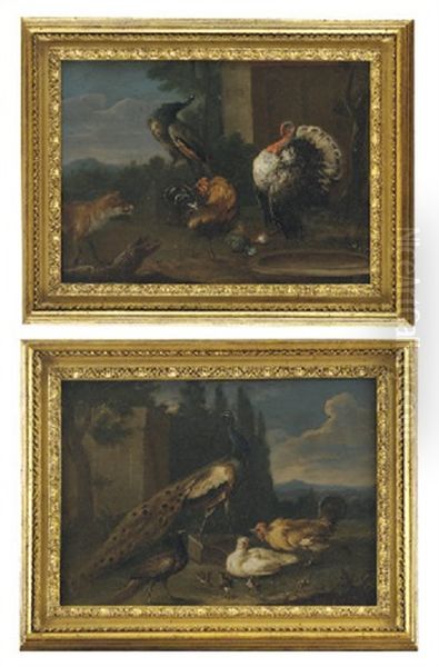 A Peacock, A Peahen, A Hen And A Cockerel With Chicks (+ A Turkey, A Cockerel And A Peacock Near A Water Tray With A Fox; Pair) Oil Painting by Jacob van der (Giacomo da Castello) Kerckhoven