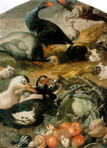 Ducks, Guinea Fowl, Pigeons, Guinea Pigs, Mushrooms, Sweet Corn And Other Vegetables In A Landscape Setting Oil Painting by Jacob van der Kerckhoven