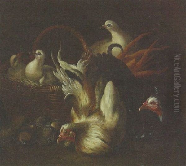 Two Chickens, Doves In A Basket And Oysters Oil Painting by Jacob van der Kerckhoven