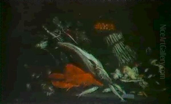 Stilleben Von Obst, Feldfruchten Und Fischen Oil Painting by Jacob van der Kerckhoven
