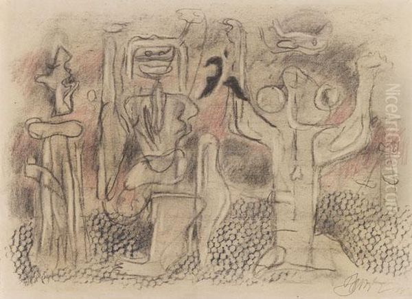 Figurengruppe Mit Laufer Oil Painting by Willi Baumeister