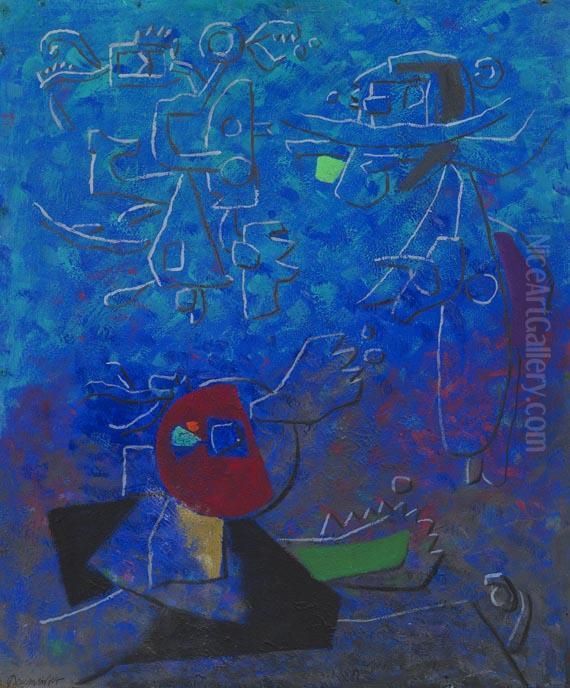 Nocturno Mit Rotem Segment. Oil Painting by Willi Baumeister