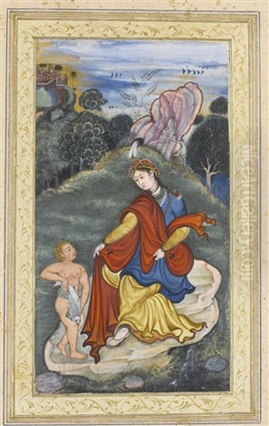A Lady With The Young Tobias In A Landscape Oil Painting by  Keshavdas