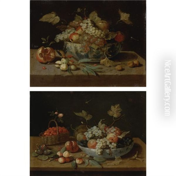 Still Life Of A Bowl Of Fruit, A Basket Of Strawberries, Figs, A Pomegranate And Peaches On A Ledge (+ Still Life Of A Bowl Of Fruit, A Pomegranate, Plums And Walnuts On A Ledge; Pair) Oil Painting by Jan van Kessel the Elder