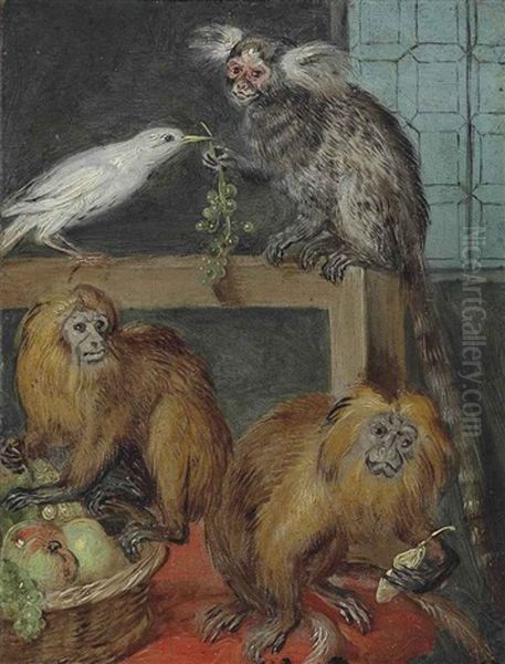 Two Orange Tamarins With A Fruit Basket And A Ring Tailed Lemur, With Fruit In An Interior Oil Painting by Jan van Kessel the Younger