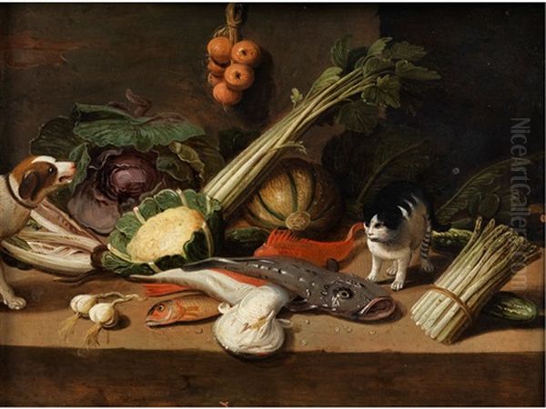 Kuchenstilleben Mit Hund Und Katze Oil Painting by Jan van Kessel the Younger