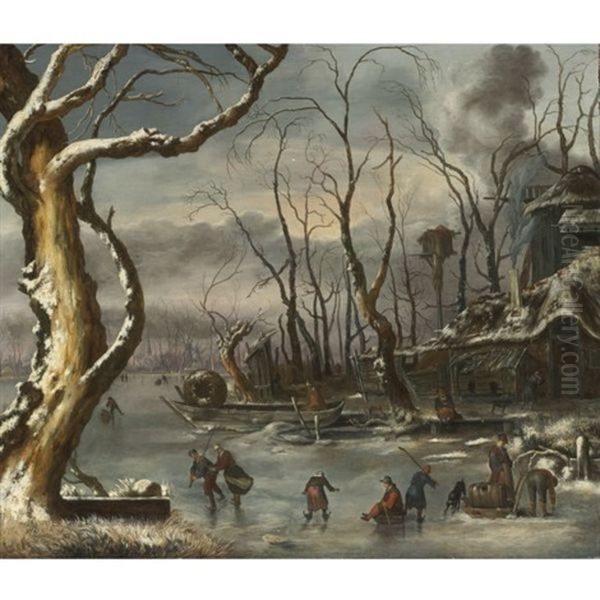 A Winter Landscape Oil Painting by Jan van, the Younger Kessel