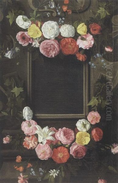 Guirlande De Fleurs Decorant Un Cartouche Sculpte Oil Painting by Jan van Kessel the Younger