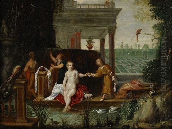 Palatsexterior Med Betsabee I Badet Oil Painting by Jan van Kessel