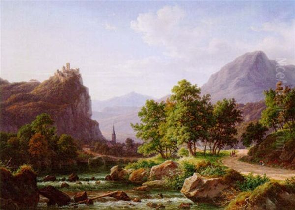 View Of A Valley With A Castle On A Crag Oil Painting by Frederik Christian Jacobsen Kiaerskou