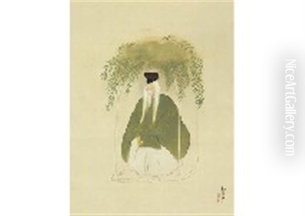 The Priest And The Willow Oil Painting by Keigetsu Kikuchi