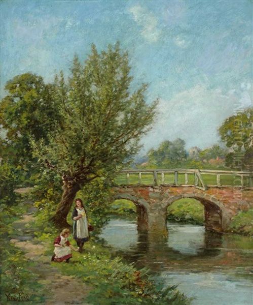 Fruhlingslandschaft Mit Steinerner Brucke Uber Bachlauf Und Blumen Pfluckenden Madchen Am Weg Oil Painting by Henry John Yeend King