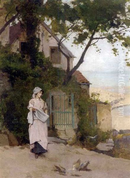 Feeding The Pigeons Oil Painting by Henry John Yeend King