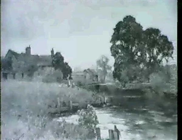 Figures By A Farmhouse In A River Landscape Oil Painting by Henry John Yeend King