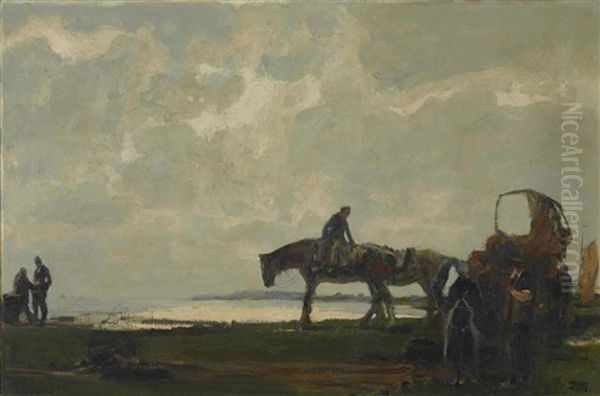 Uferlandschaft Mit Pferdegespann Oil Painting by Erich Kips