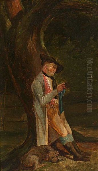 Strickender Mann In Uniform Oil Painting by Johann Baptist Kirner
