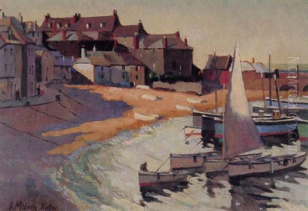 Fishing Vessels At Anchor In A Harbour Oil Painting by Joseph Milner Kite