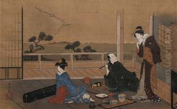 Zwei Damen Und Ein Herr Auf Einer Veranda Mit Blick Auf Einen See Und Kiefern Oil Painting by Torii Kiyonaga