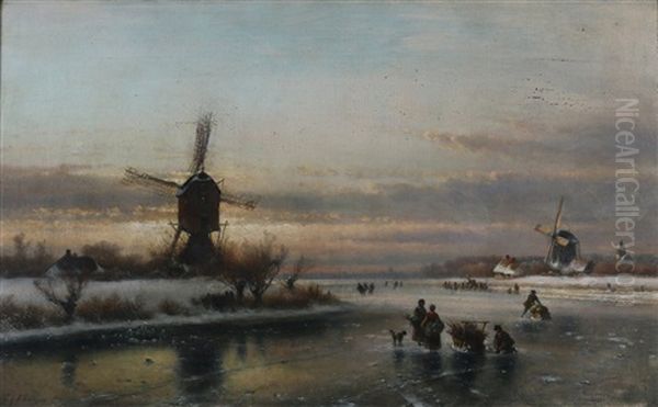 Skaters In A Winter Landscape Oil Painting by Lodewijk Johannes Kleijn