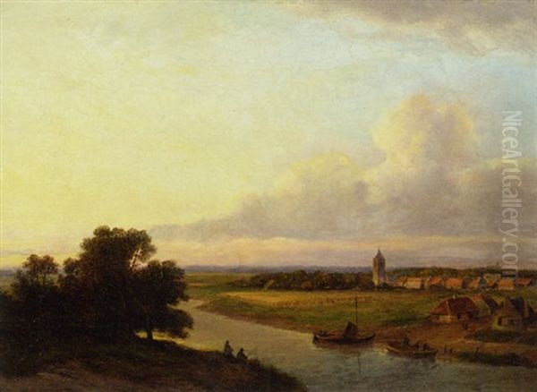 Wijd Rivierlandschap Oil Painting by Lodewijk Johannes Kleijn