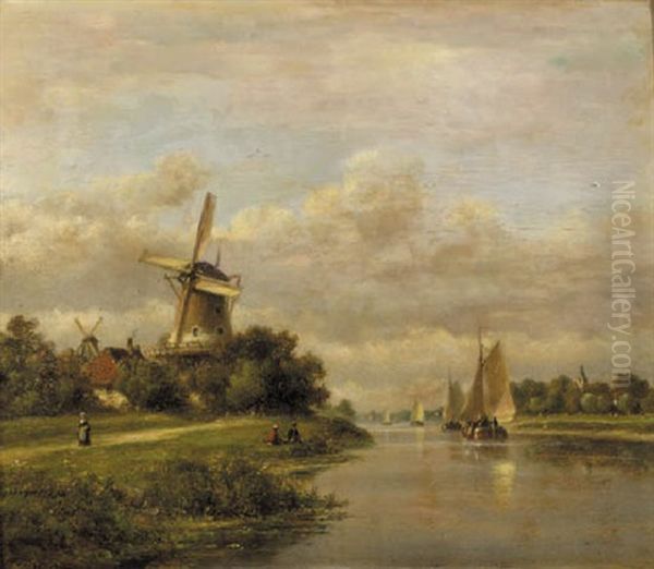 A Summer Landscape With Vessels On A River Oil Painting by Lodewijk Johannes Kleijn