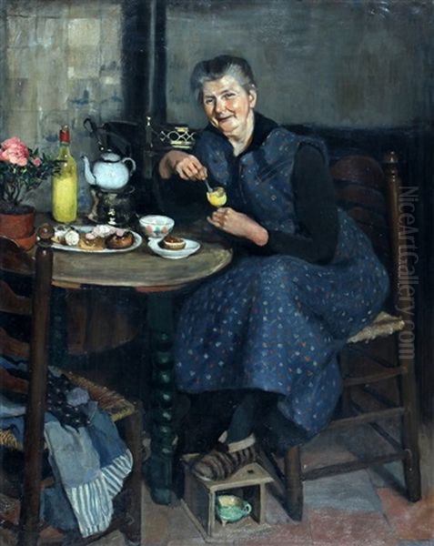 Vrouw Aan Tafel Met Advocaatje En Taartjes Oil Painting by Jan Kleintjes