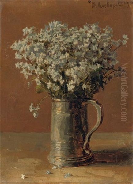 Wild Flax In A Pewter Tankard Oil Painting by Yuliy Yulevich Klever the Younger
