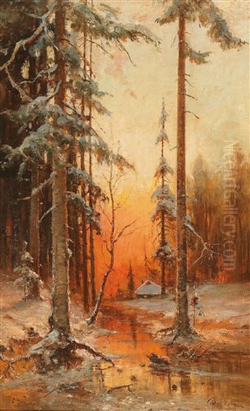 Sunset In A Winter Woodland Oil Painting by Yuliy Yulevich (Julius) Klever