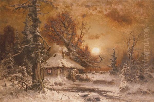 Cottage In A Winter Landscape At Sunset Oil Painting by Yuliy Yulevich (Julius) Klever
