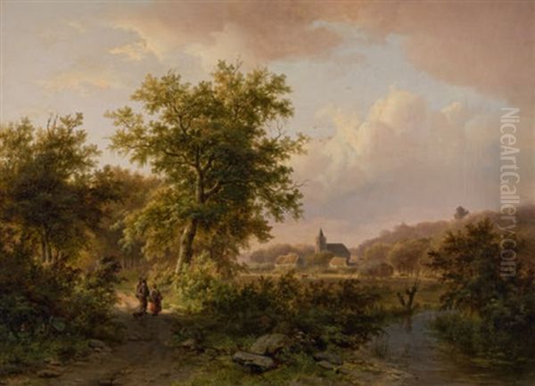 Baumreiche Bachlandschaft Mit Tier- Und Figurenstaffage Und Blick Auf Ein Dorf Oil Painting by Johann Bernard Klombeck
