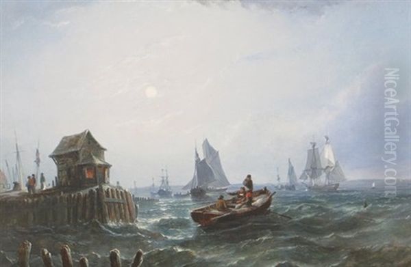 Boats At Moonlight Oil Painting by William Adolphus Knell