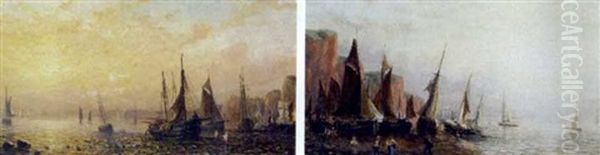 Morning Ashore On Devon Coast (+ Evening On Cornish Coast; Pair) Oil Painting by William Adolphus Knell