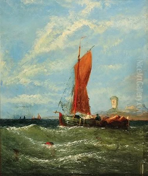 Coastal Boating Scene With Lighthouse Oil Painting by William Callcott Knell